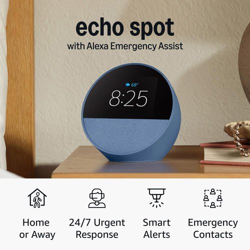Echo Spot (newest model), Ocean Blue, bundle with Alexa Emergency Assist (monthly auto-renewal subscription)