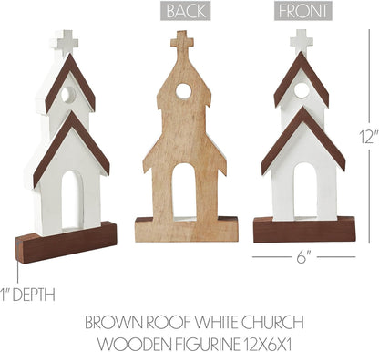 VHC Brands Wooden Church Figurine - Brown Roof Design | 12" x 6" x 1" Size