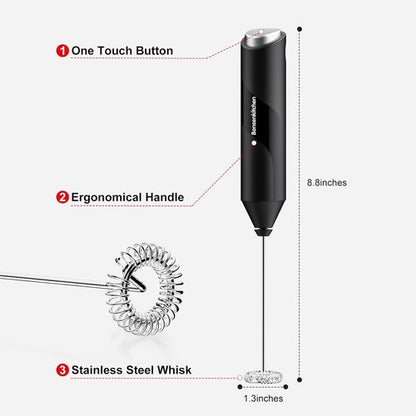 Bonsenkitchen Milk Frother - Powerful Handheld Drink Mixer with Stainless Steel Whisk | Battery Operated - Black