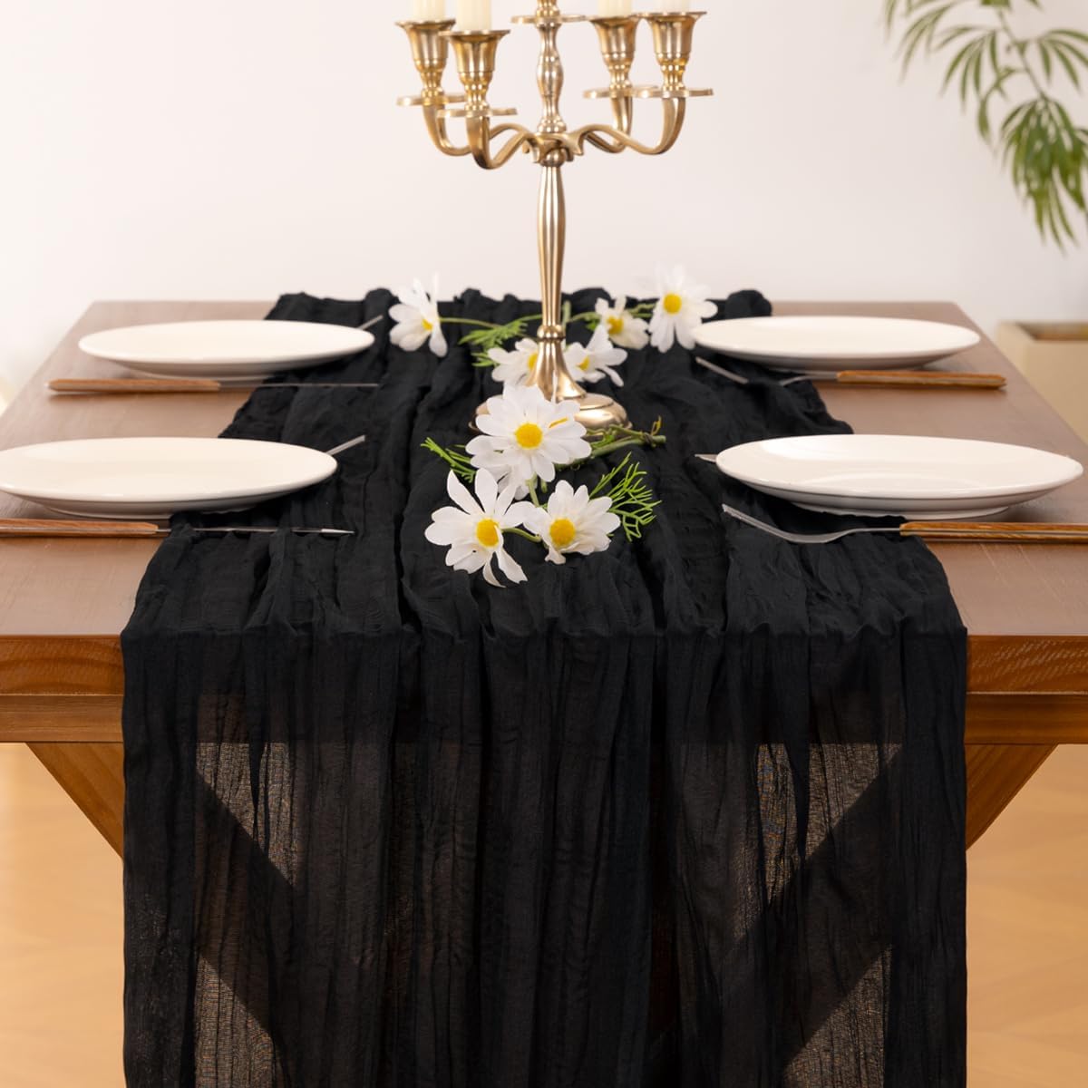 Socomi Cheesecloth Table Runner - 120 Inch Black Boho Rustic Gauze for Weddings & Parties