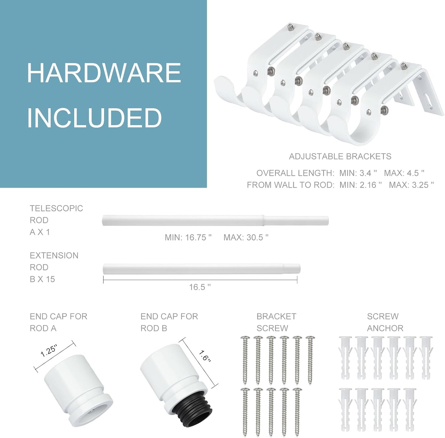 Byondeth Curtain Rods - Adjustable 16 to 240 Inches | 1 Inch Diameter with Aluminum End Caps, White