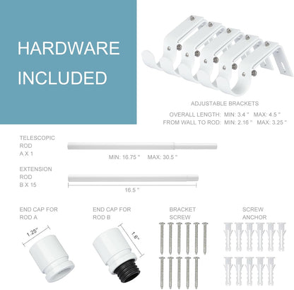Byondeth Curtain Rods - Adjustable 16 to 240 Inches | 1 Inch Diameter with Aluminum End Caps, White