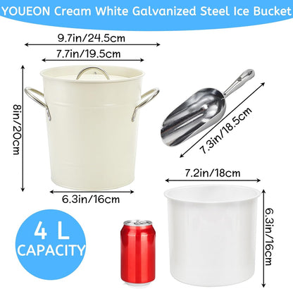 YOUEON 4L Ice Bucket with Scoop and Lid, Double Walled Insulated Wine Bucket Chiller with Carry Handles, Beverage Tub for Cocktail Party, Camping, BBQ, Indoor & Outdoor Use, White
