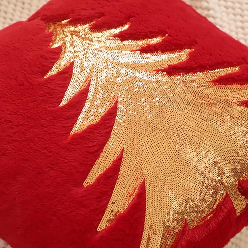 Faux Fur Christmas Pillow Covers 18x18 Set of 2 - Red Xmas Tree & Deer