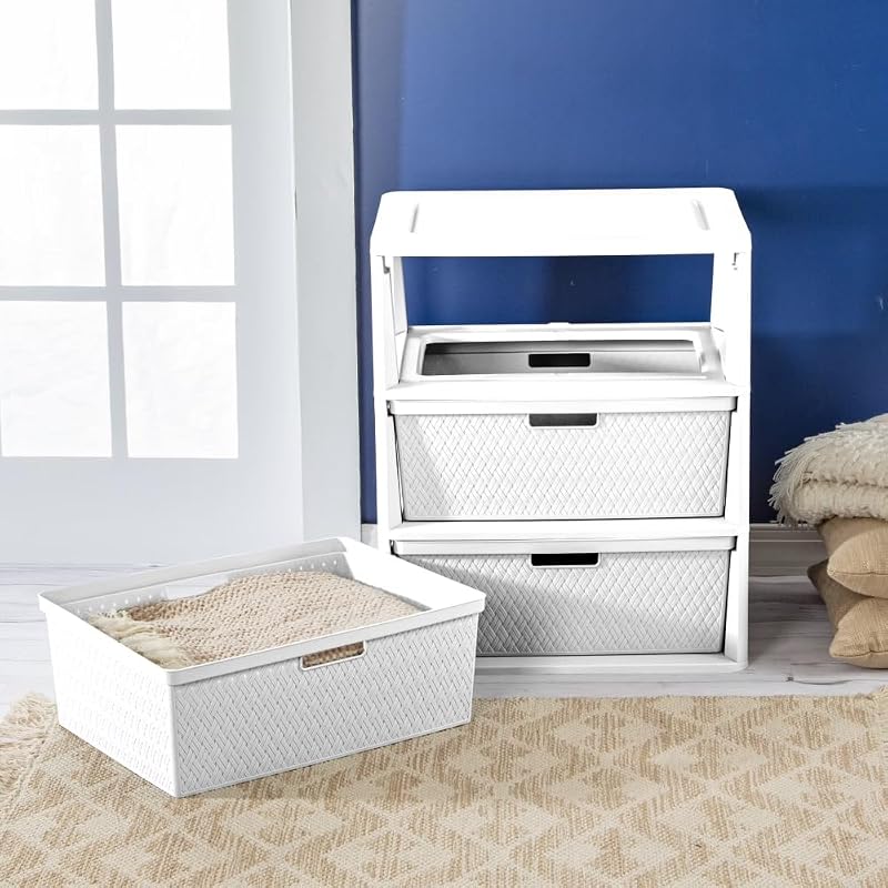 2 Pack Wide 3-Drawer Storage Tower with Removable Bins — White Cross-Weave Organizer (Variation: White)