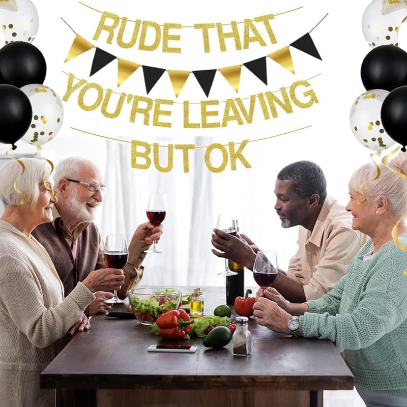 Rude That You're Leaving But OK Banner Going Away Party Decorations Funny Farewell Party Decorations Set with Black and Gold Glitter Perfect for Office Coworker Goodbye Party Decorations…