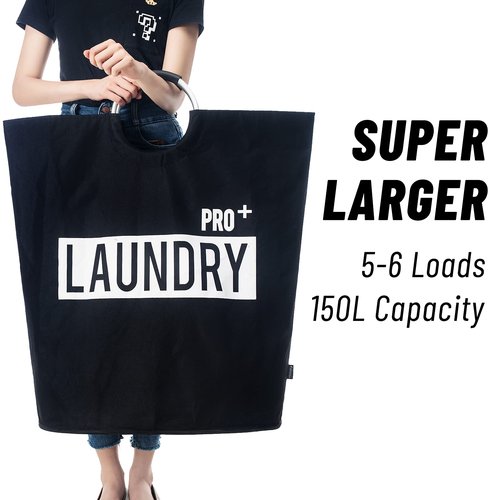 Caroeas Super Large 150L Laundry Basket Pro, Waterproof Laundry Hamper, Collapsible Laundry Basket Easy Storage, Clothes Hamper Stands Up Well, Laundry Bag with Padded Handles (Black)