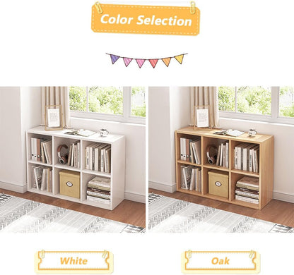 NELYE 6 Cube Organizer Bookcase - Stylish Oak Storage Solution with Fabric Bins for Books & Decor