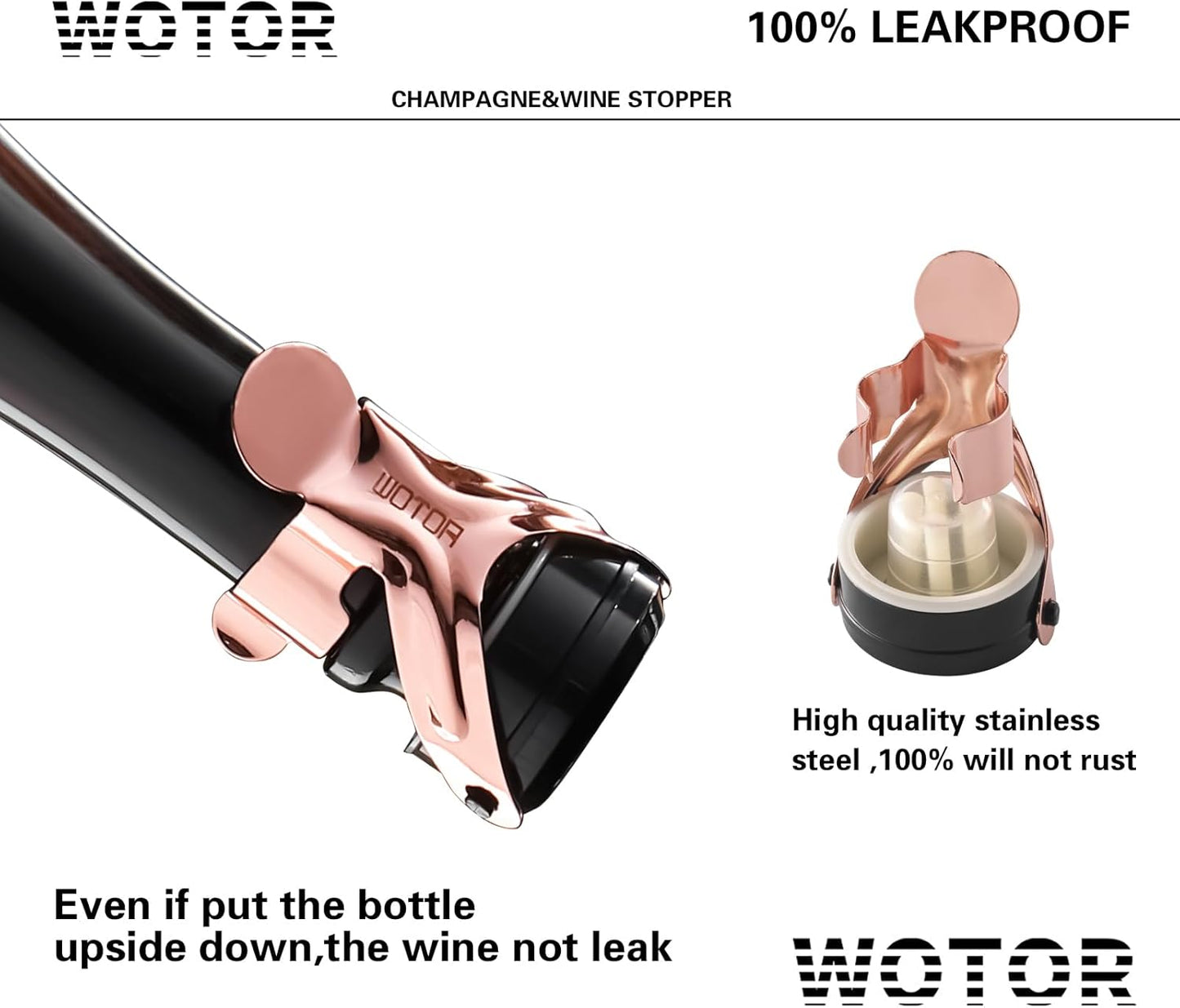 WOTOR Champagne&Wine Bottle Stoppers Stainless Steel with Food Grade Silicone, Leak Proof Keep Fresh Reusable Saver, Cork Suitable for Wine, Champagne, Cava, Prosecco and Sparkling (6 Pack Rosegold）