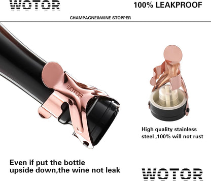 WOTOR Champagne&Wine Bottle Stoppers Stainless Steel with Food Grade Silicone, Leak Proof Keep Fresh Reusable Saver, Cork Suitable for Wine, Champagne, Cava, Prosecco and Sparkling (6 Pack Rosegold）