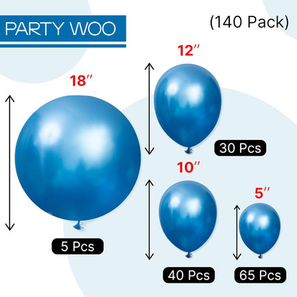 PartyWoo Metallic Blue Balloons - 140pcs in Various Sizes for Graduation, Wedding, and Birthday Celebrations