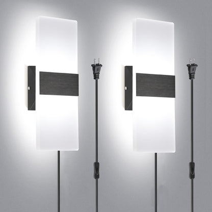 TRLIFE Wall Sconce Plug in, Modern Wall Sconces 12W LED Wall Sconce 6000K Cool White Acrylic Wall Mounted Light Wall Lights with 6FT Plug in Cord and On/Off Switch on The Cord(2 Pack, Black)