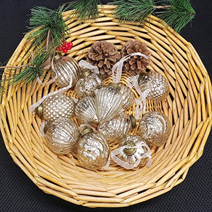 Glass Christmas Ball Ornament Set - Silver Antiqued Holiday Decor 12 Pieces