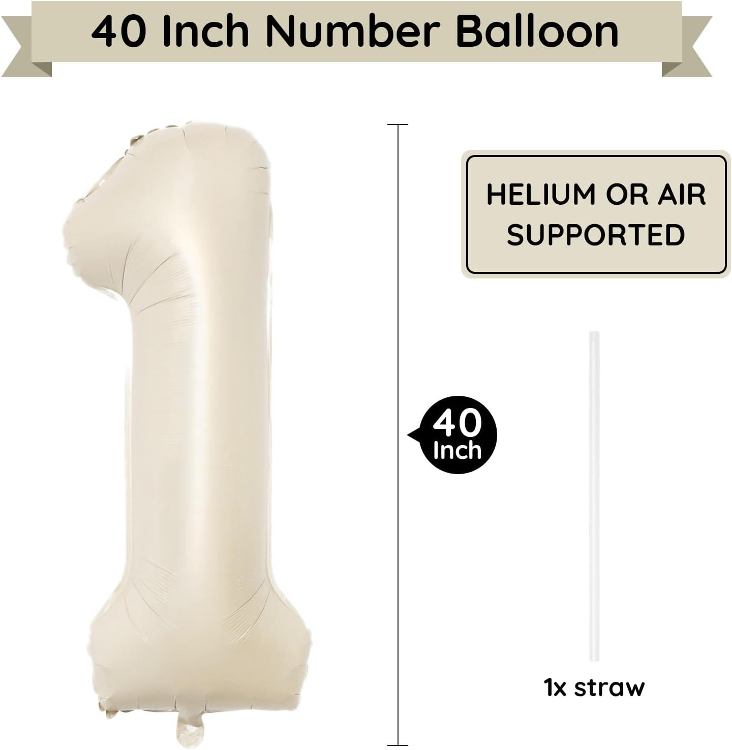 Skiennix 40-Inch Beige Number Balloon 1 - Large Cream Foil Mylar Balloon for Birthday & Wedding Celebrations