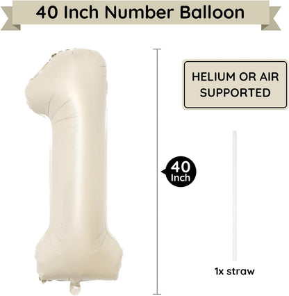 Skiennix 40-Inch Beige Number Balloon 1 - Large Cream Foil Mylar Balloon for Birthday & Wedding Celebrations