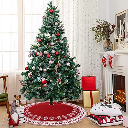 Dremisland 36 Inch Red Christmas Tree Skirt Knitted Holiday Decor with Snowflake & Reindeer