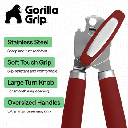 GORILLA GRIP Heavy Duty Can Opener - Smooth Edge, Comfortable Handle, Oversized Knob | Red