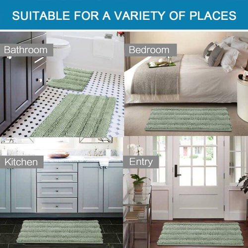 H.VERSAILTEX Bathroom Rugs Bath Rug Set 2 Piece Bathroom Contour Rug Toilet Mat Sets Non Slip Contour Bath Rug Ultra Thick Water Absorbent Striped Bath Mats Washable(36" x 24" Plus 20" x 24" U, Sage)