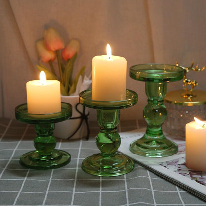 Skiennix 3-Piece Green Glass Candlestick Set - Elegant Crystal Holders for Weddings & Home Decor
