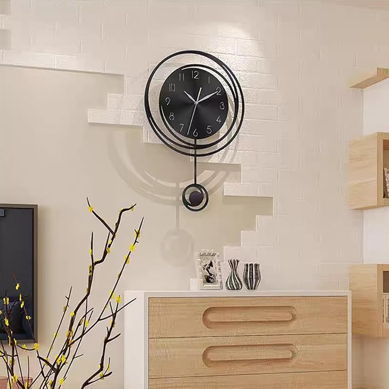 Wall Clock with Silent Quartz Movement - Modern Black & White Pendulum Design