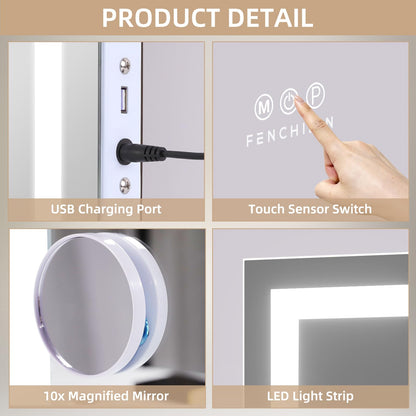 FENCHILIN Vanity Mirror with Light,22.8"x18.1" LED Makeup Mirror wtih Light and Hollywood Vanity Mirror wtih Smart Touch Control 3 Colors Dimmable Light & 10X Magnification,White