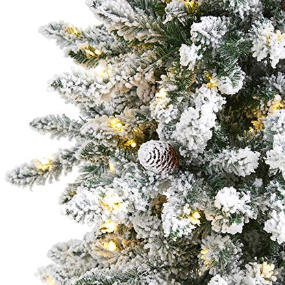 Nearly Natural 6ft 6in Flocked Livingstone Fir Artificial Christmas Tree with Pine Cones & Warm LED Lights