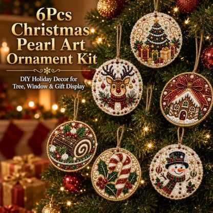 Christmas Pearl Diamond Art Ornament Kit - 6 Pieces with Pearls & Gems - Variation #17