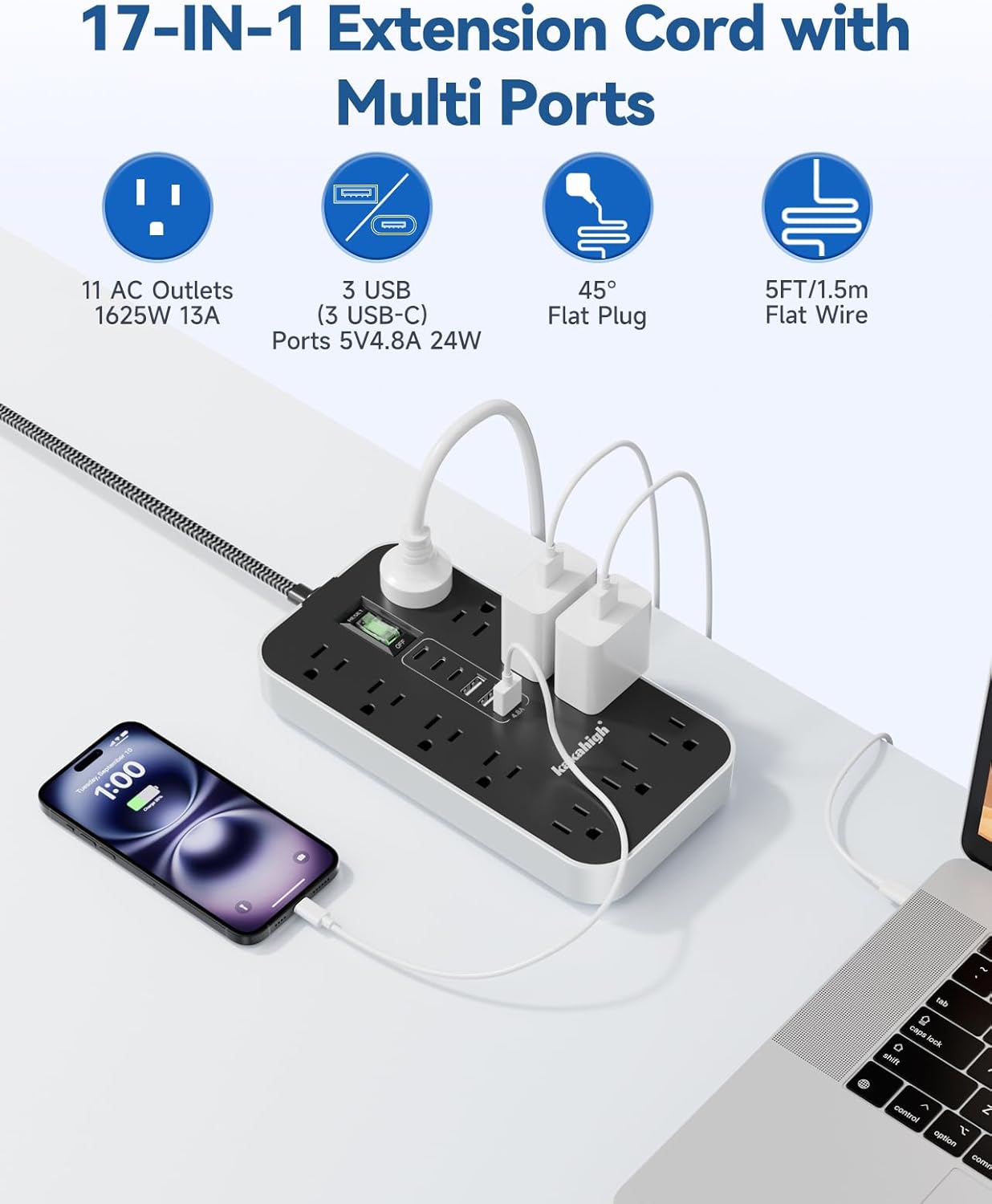 Skiennix Extension Cord with USB Ports - 5 FT Power Strip, 11 AC Outlets & 6 USB for Home & Office