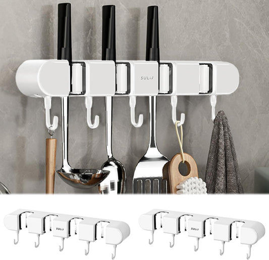 Broom Holder Wall Mount by 2Pcs - No-Drilling Self-Adhesive Storage Rack with Hooks | White, 4 Racks & 5 Hooks