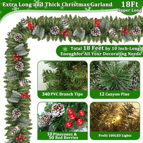 18 Ft Prelit Christmas Garland with 340 Tips & 100 LEDs for Indoor Outdoor Holiday Decor