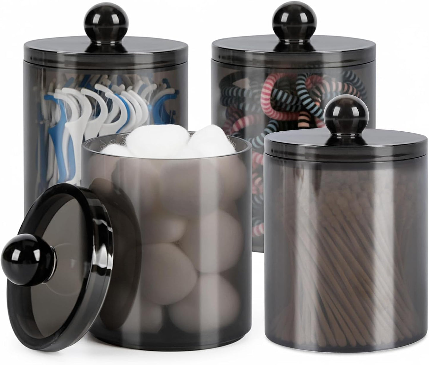 WEISHI Qtip Holder Dispenser - 4 Pack Small Plastic Apothecary Jars for Bathroom Storage | Black