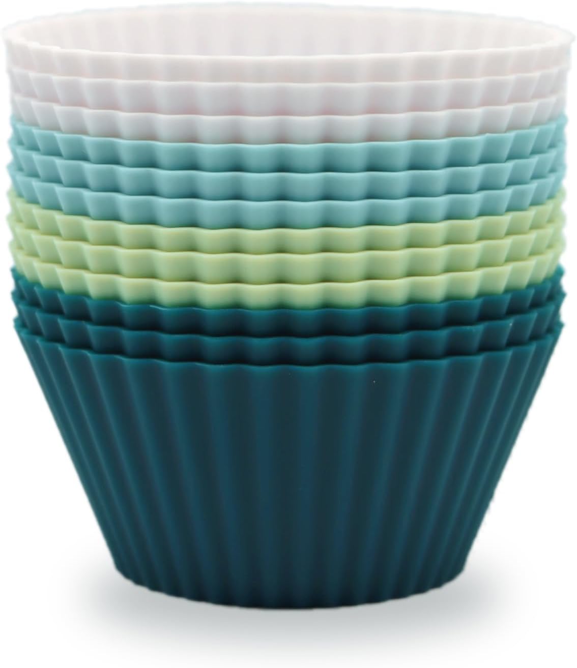 Skiennix Silicone Baking Muffin Cups - 12 Pack Reusable Cupcake Liners | BPA Free & Dishwasher Safe (White, Green, Navy, Dusty Blue)
