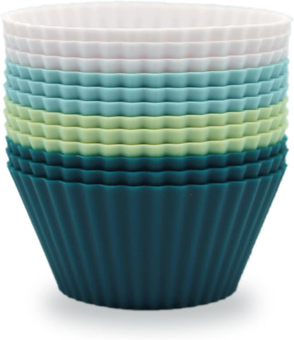Skiennix Silicone Baking Muffin Cups - 12 Pack Reusable Cupcake Liners | BPA Free & Dishwasher Safe (White, Green, Navy, Dusty Blue)