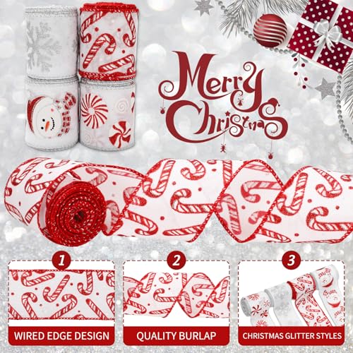Christmas Glitter Wired Edge Ribbon Snowman Snowflake Candy Set - 4 Rolls, 24 Yards