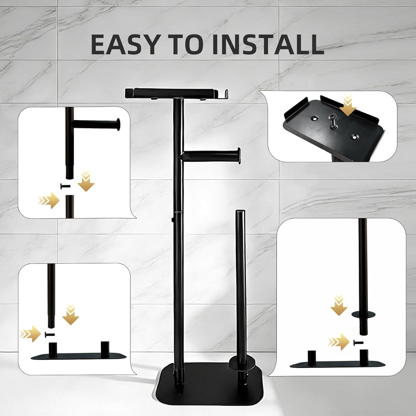 Regine Switzerland Free Standing Toilet Paper Holder - Rustproof Metal with Anti-Slip Base & Top Shelf, Black