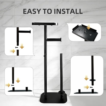 Regine Switzerland Free Standing Toilet Paper Holder - Rustproof Metal with Anti-Slip Base & Top Shelf, Black