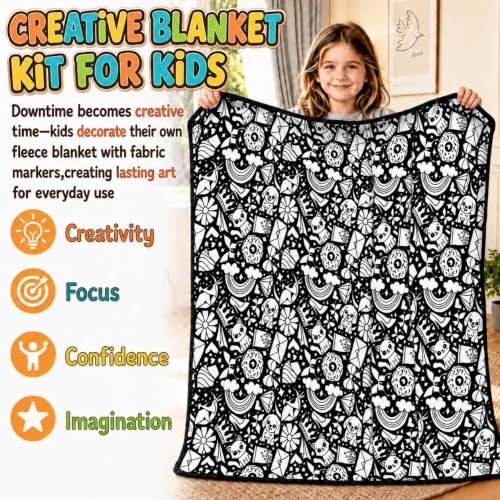 DIY Cartoon Pattern Flannel Blanket Kit with Fabric Markers - Color Your Own Art Blanket, 50x59 Inches
