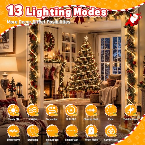 Outdoor Christmas Rope Lights 50FT 300 LED Warm White with Remote & Modes