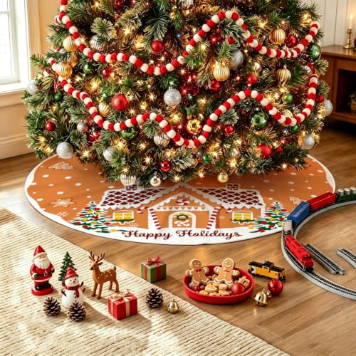 48 Inch Christmas Tree Skirt with Gingerbread House Design - Festive Holiday Decor