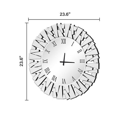 24 Inch Glass Wall Clock - Round Silver Mirror, Silent Battery Operated