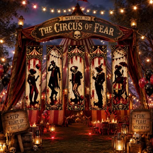 Halloween Clown Banner Set - 5pcs Gothic Circus Wall Decorations, Spooky Party Decor