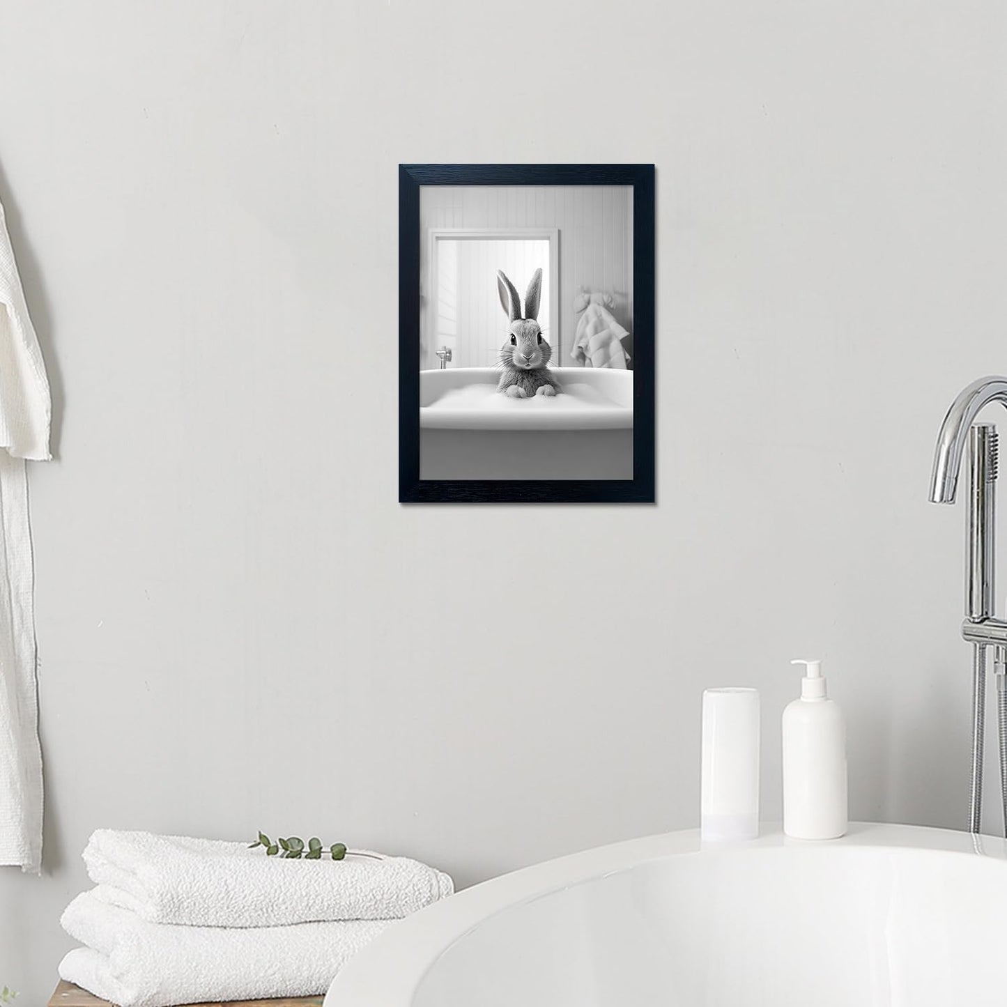 Skiennix Kids Bathroom Wall Art - Cute Black and White Rabbit Canvas Print | Fun Bathtub Decor