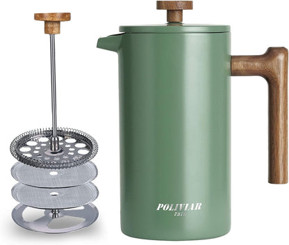 POLIVIAR French Press Coffee Maker - 34 oz Stainless Steel with Real Wood Handle & Double Wall Insulation
