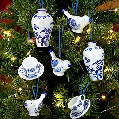 Christmas Porcelain Ornament Set - Blue & White Chinoiserie 9 Pcs Vivid Style