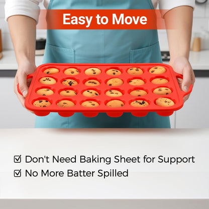 CAKETIME Silicone Mini Muffin Pan - 24-Cup BPA-Free Muffin Tin with Metal Reinforcement & Handles | Red, 2-Pack