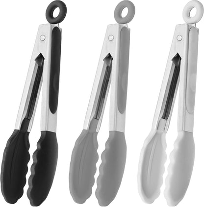 Skiennix 7-Inch Mini Silicone Tongs - Set of 3 in Black, Gray, and White for Easy Serving