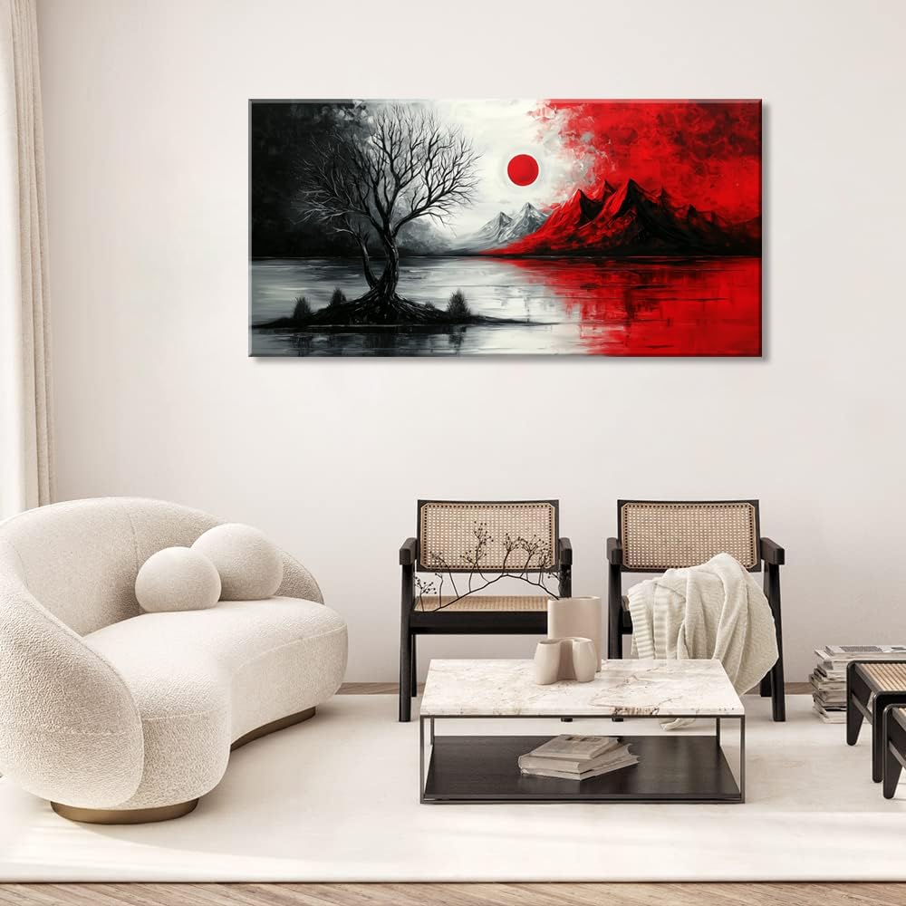 GAFSING Volcano Cloud Tree Canvas Wall Art Abstract Seascape Paintings Print Black and White Red Sun Sea Pictures Artwork Canvas Wall Art for Living Room Bedroom Home Office Decorations Wall Decor (23x46inch)