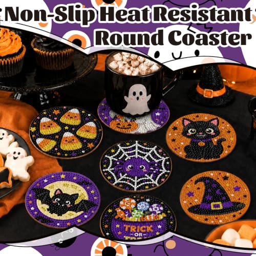 Halloween Diamond Art Coaster Set with Holder - Cat Spider Pumpkin Bat Ghost DIY Crafts Kit - Variation Halloween-7