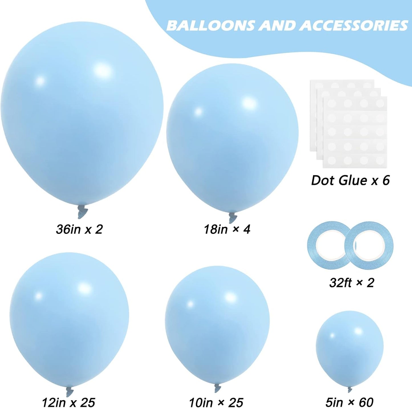 RUBFAC Pastel Blue Balloons - 116-Piece Set in Various Sizes for Garland & Arch Decor - Perfect for Birthday, Baby Shower, Gender Reveal & Wedding Parties