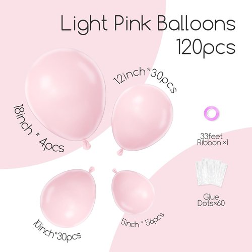 Awenztech Balloon Arch Kit - 120pcs Light Pink Latex Balloons in Various Sizes for Baby Showers & Parties